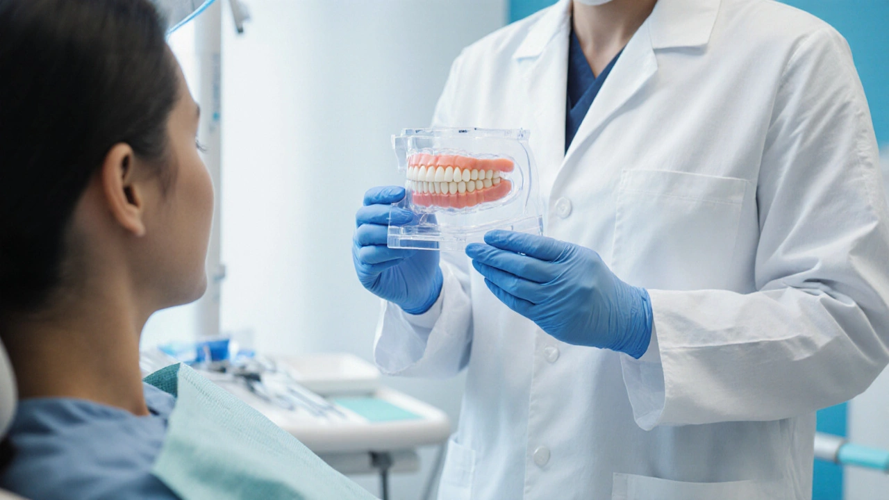 Dentista s dentálním modelem u pacienta v moderní ordinaci, diskutují o zubu.