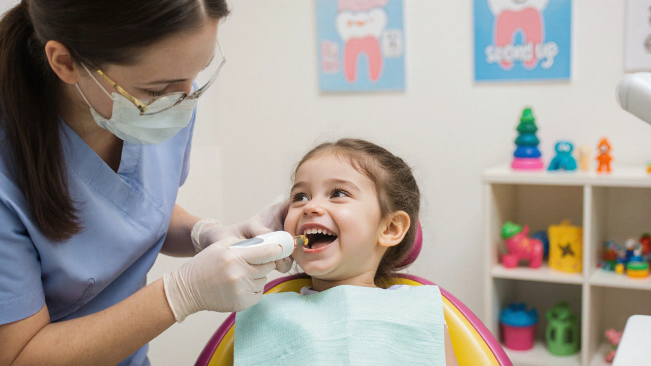 Dětská zubní hygiena v ordinaci – hygienistka odstraňuje zubní kámen z mléčných zubů.