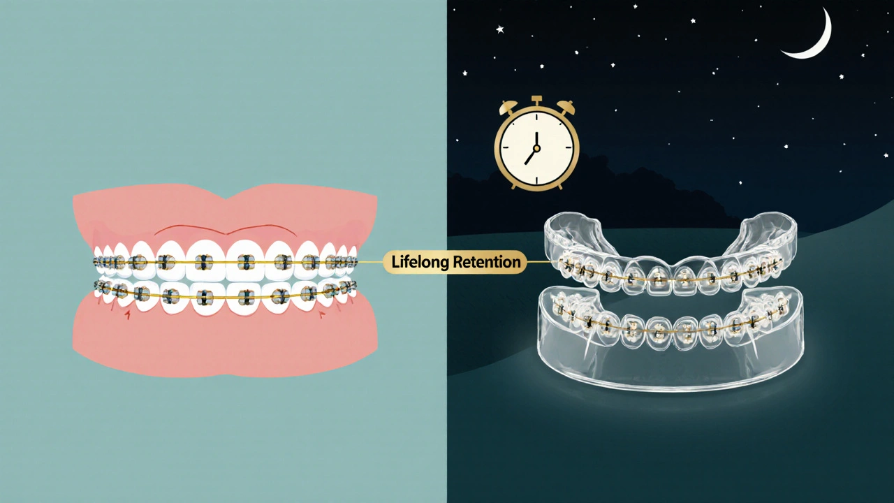Dvě části obrázku: fixní rovnátka a noční retence, znázorňující trvalou péči o zuby po léčbě.