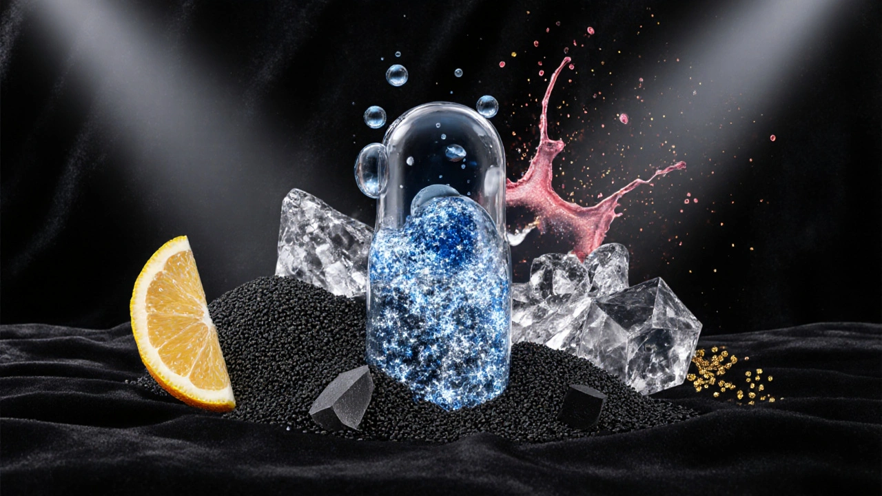 Makro ilustrace hlavních bělících složek – peroxid, aktivní uhlí, nanočástice a fluorid.