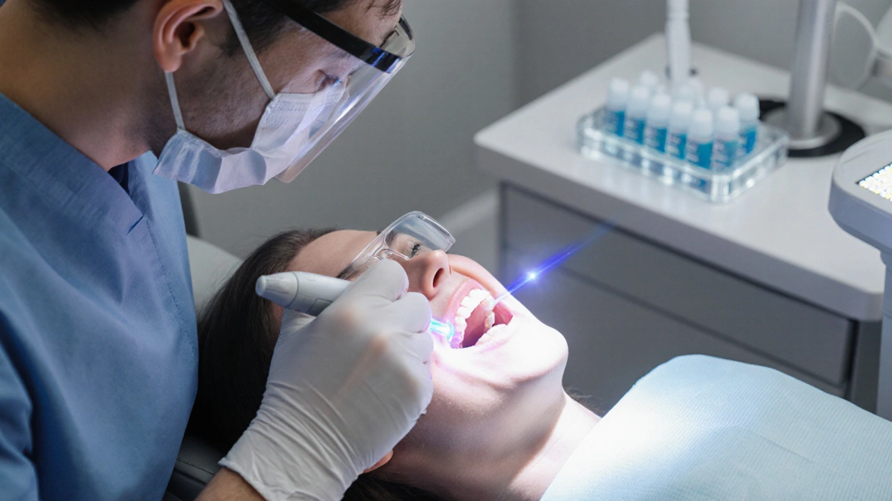 Pacient pod zubním lékařem, laser osvětluje zuby během profesionálního bělení.