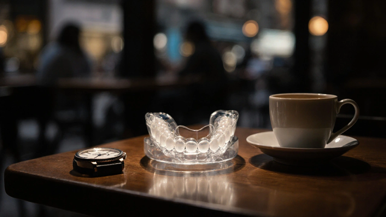 Průhledný zubní kryt leží na stole vedle kávy a hodinek, symbolizující vyjímatelná rovnátka.