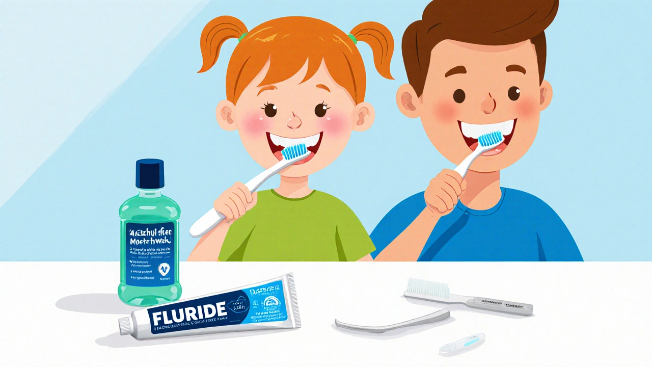 Rodina si čistí zuby, ukazuje fluoridovou pastu a ústní vodu.
