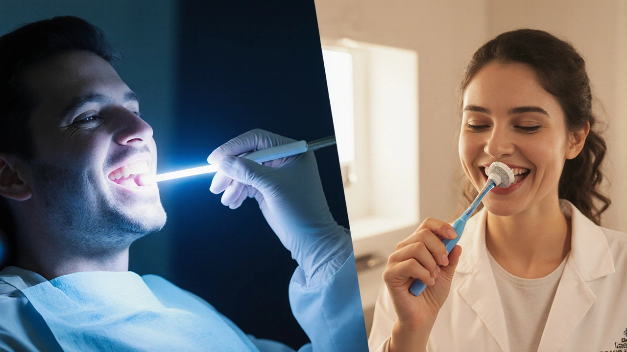 Rozdělený obrázek: zubař používá laser, doma se používá domácí pasta.