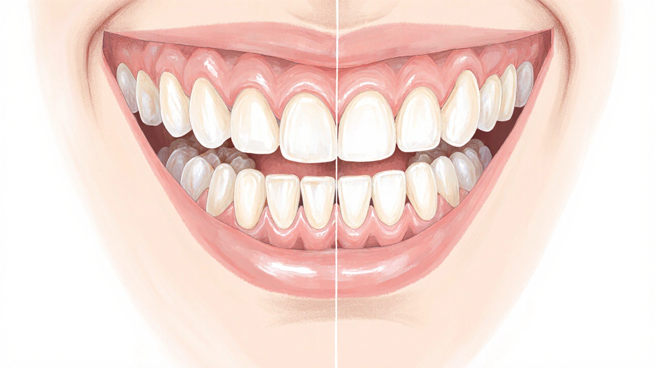 Rozdělený pohled na dětskou čelist: levá strana s mléčnými zuby, pravá s trvalými.