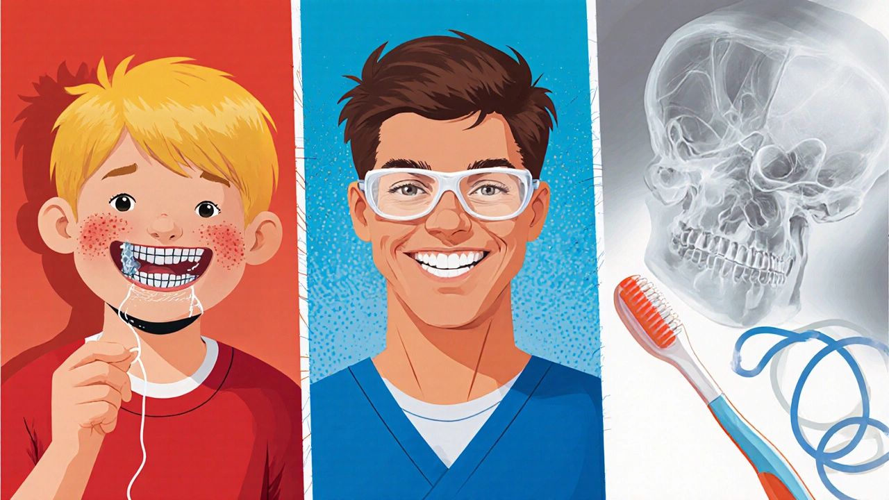 Rozdělený záběr: dítě s kovovými rovnáky, dospělý s Invisalign a elastickými pásky.