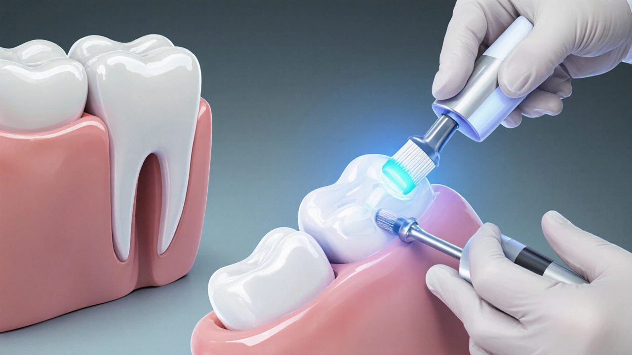 Zubař aplikuje fluoridovou vrstvu, ukazuje laser a nasazená keramická fazeta.