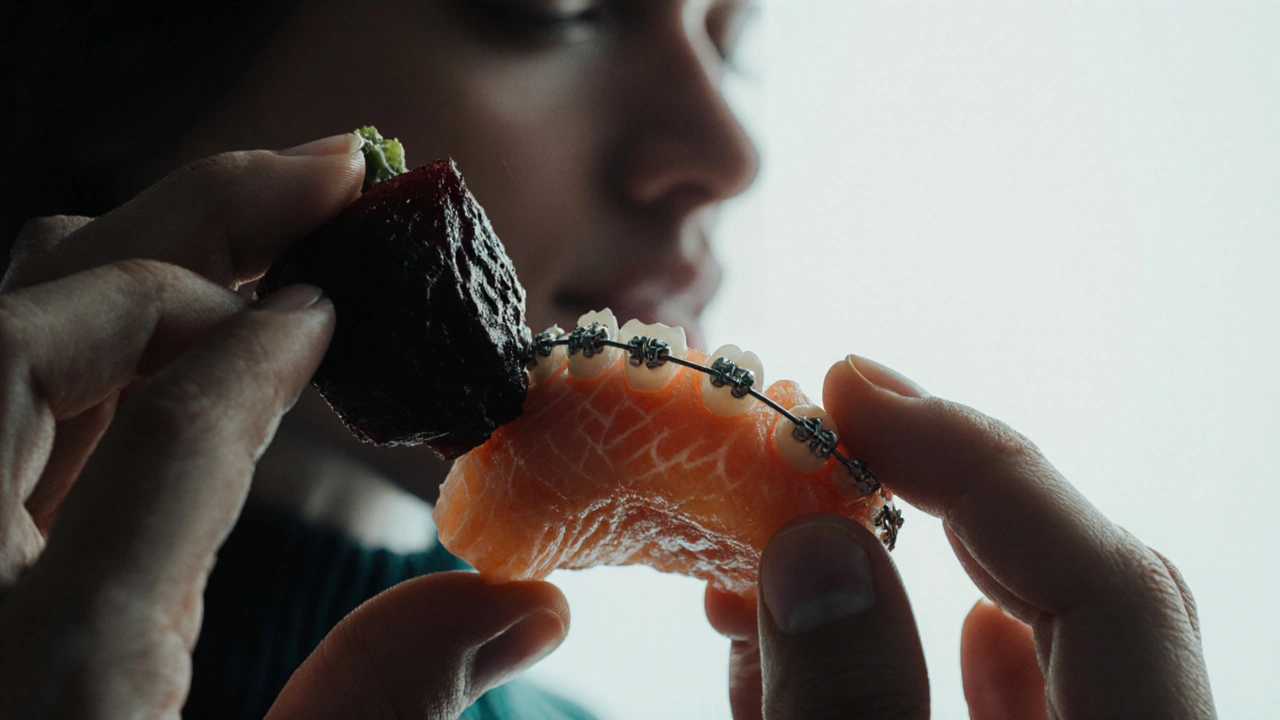 Blízký pohled na čelist s rovnátky a jemnými potravinami, symbolizující vztah mezi žvýkáním a vědomostí.