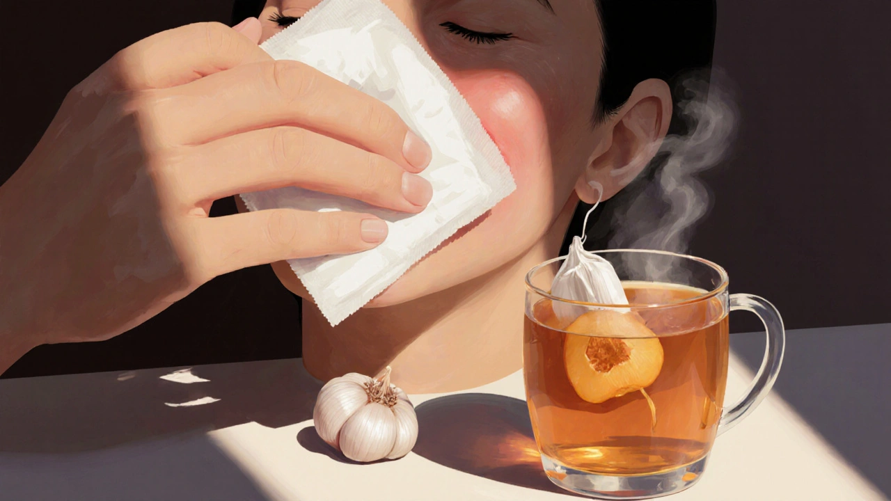 Člověk aplikuje studenou kompresi na tvář, vedle něj čerstvý česnek a čaj z meruňky.