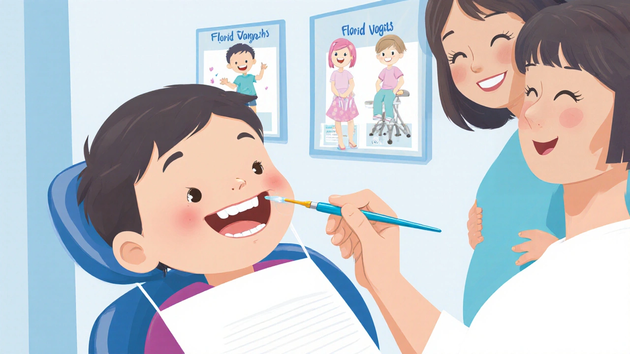 Dětský zubař aplikuje fluoridový lak na zuby dítěte během pravidelné prohlídky.