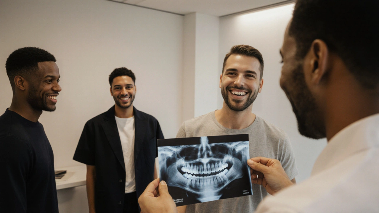 Dospělí pacienti v ortodontické klinice s jasnými rovnými zuby.