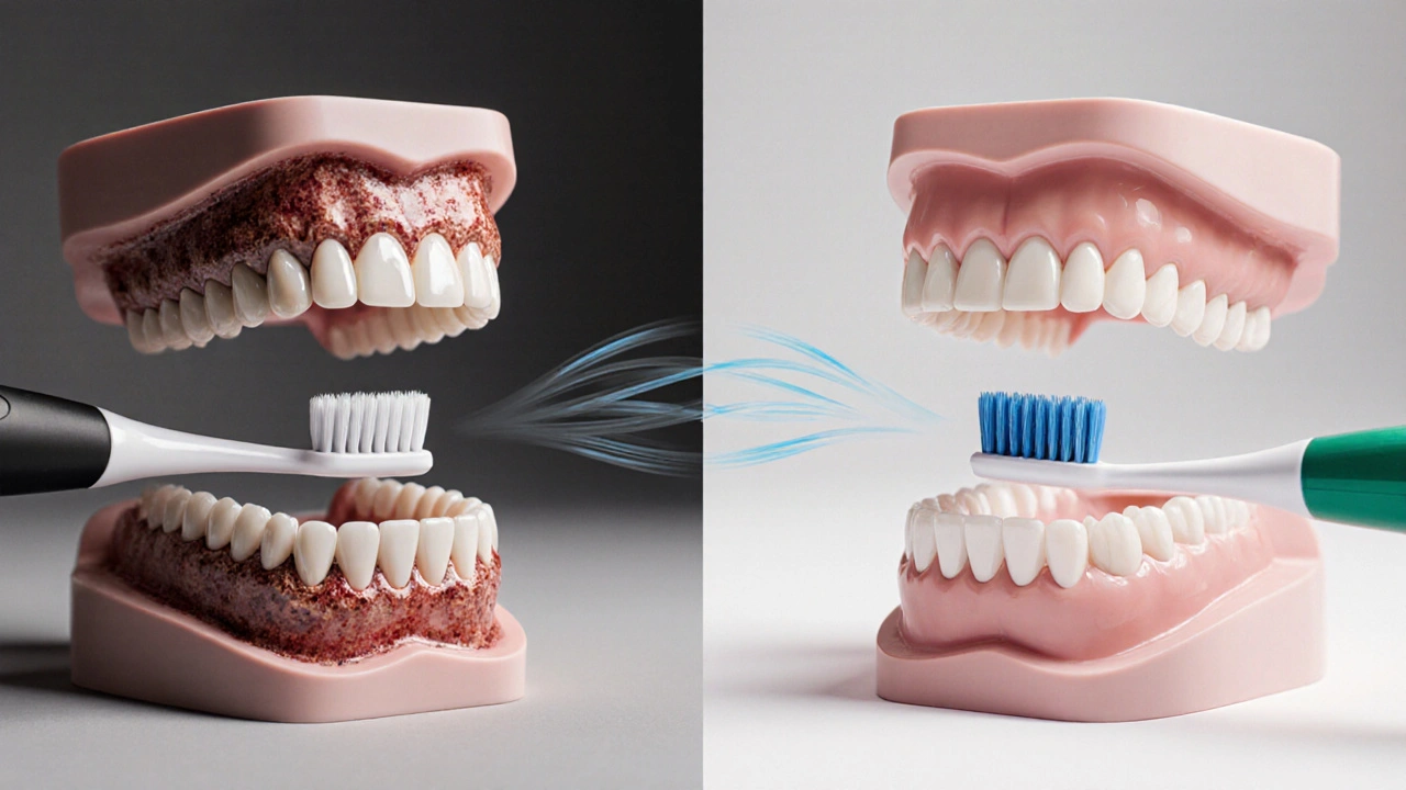 Dva zubní modely: jeden se zubním plakem a zánětem, druhý se zdravými dásněmi pod sonickým kartáčkem.