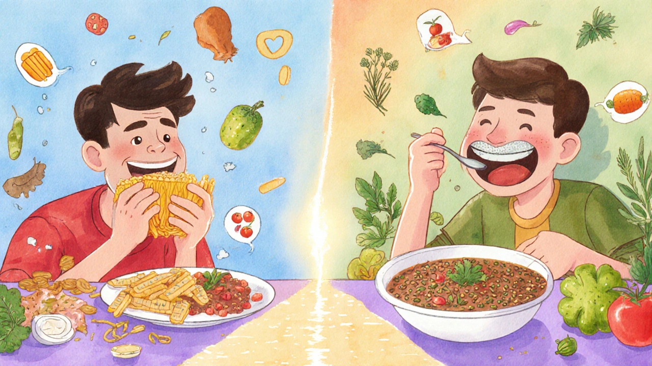 Dvě strany jednoho člověka: jedna rychle jí rychlé jídlo, druhá klidně konzumuje zdravou stravu s rovnátky.