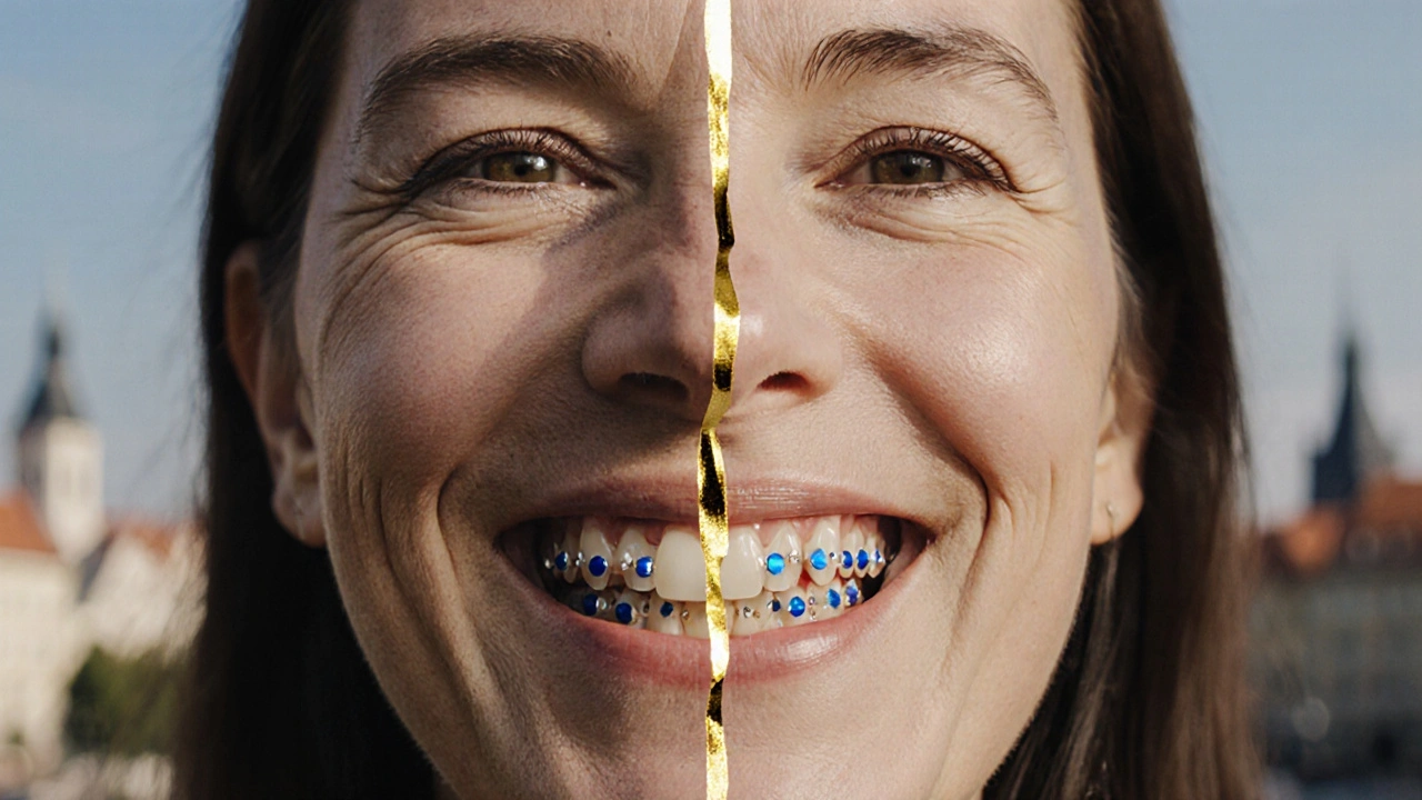 Dvě strany tváře: jedna bez zubů, druhá s přirozeně vypadajícími protézami.