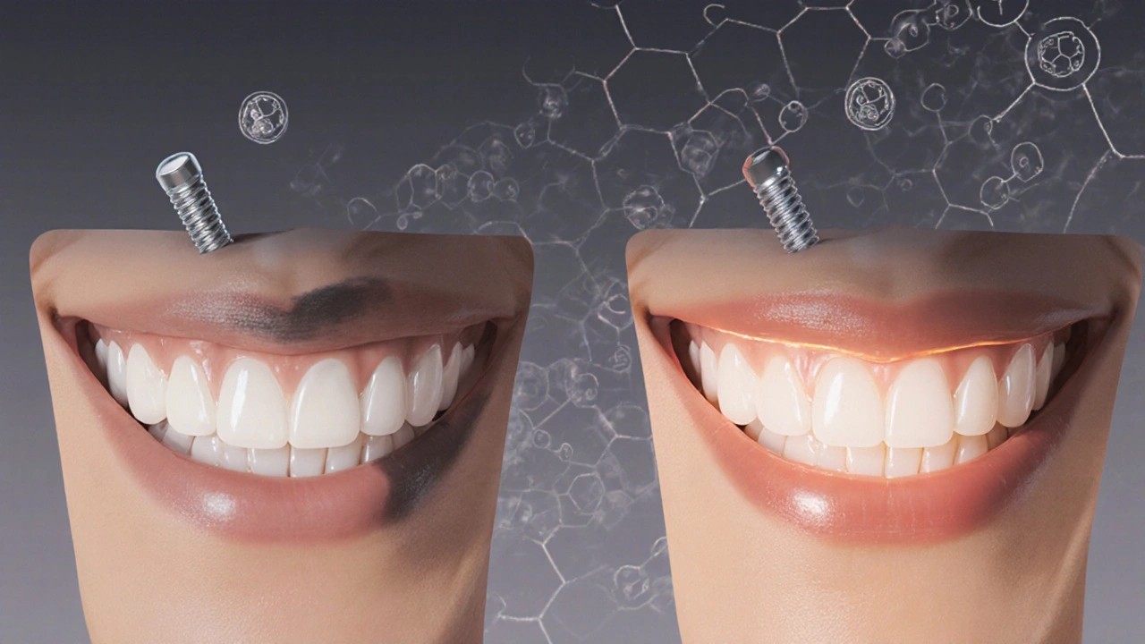 Dvě úsměvy: jeden s viditelným šedým implantátem, druhý s přirozeně vypadajícím zirkonovým implantátem.