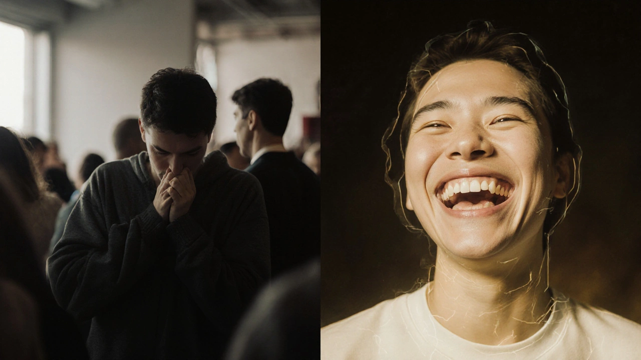 Dvě verze téže osoby: jedna se skrývá, druhá se směje svobodně.