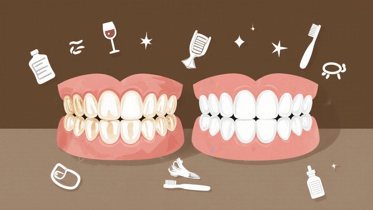Dvě zubní modely: jedna s přirozenými zuby, druhá s keramickými fazetami, v čistém prostředí.