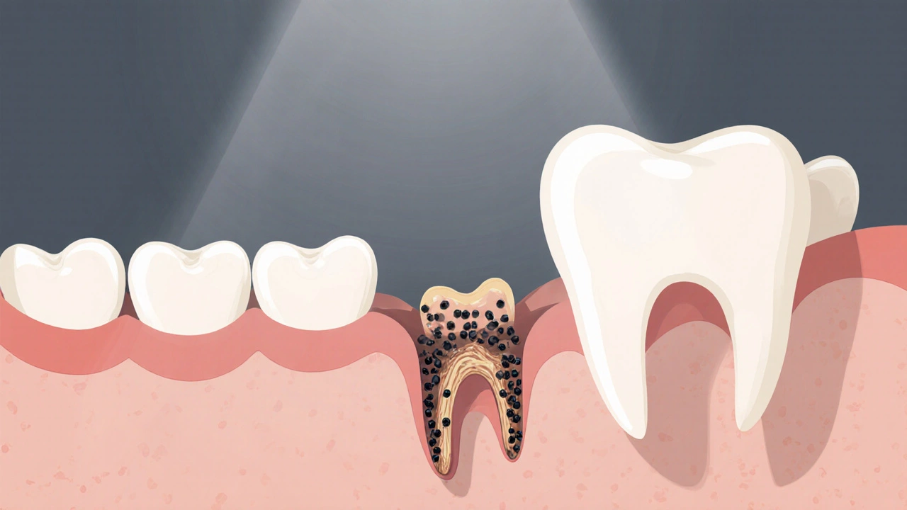 Hluboká parodontální kapsle s bakteriemi a ztrátou kosti kolem kořene.