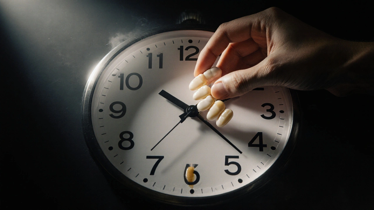 Hodiny s zuby jako číslicemi, ukazující postupné tmavnutí a náhradu fazetami.