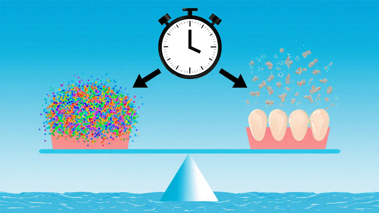 Ilustrace rovnováhy mikroflóry úst: zdravé bakterie vs. narušená mikroflóra po dlouhodobém používání ústní vody.