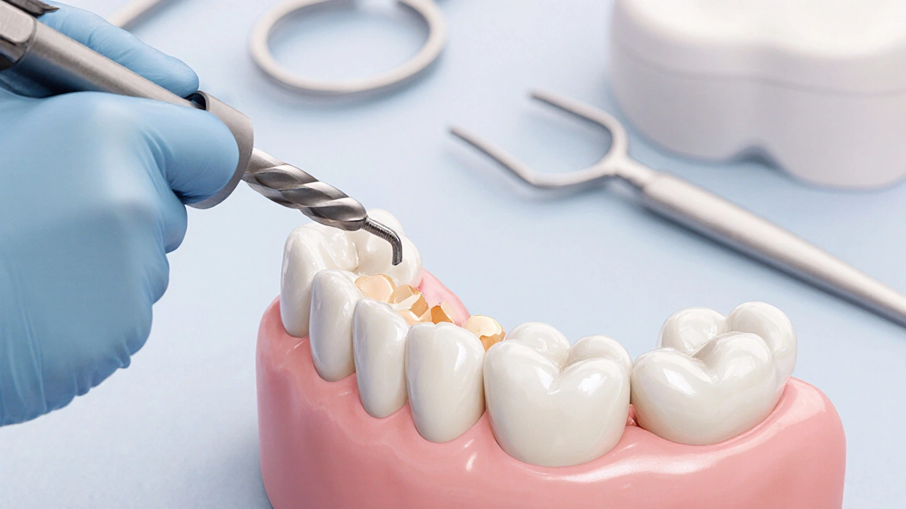 Lékař připravuje zub na vložku odstraňováním tenké vrstvy skloviny.