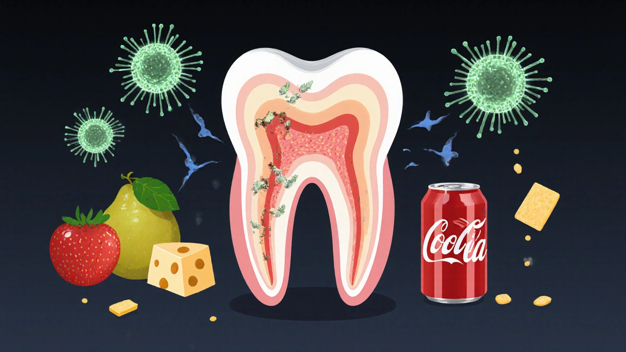 Mikroskopický pohled na bakterie, které přeměňují cukr na kyselinu a ničí sklovinku zubu.