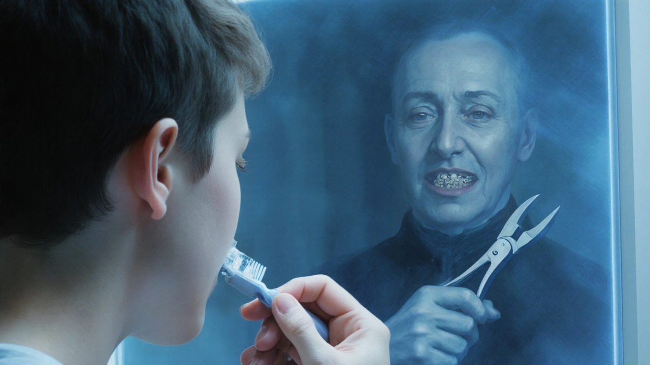 Moderní teenagerek čistí zuby s rovnátky, zatímco za ním vyniká stín trháče zubů z minulosti.