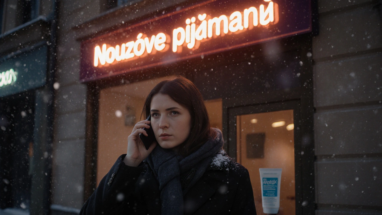 Osoba volá na zubního lékaře před klinikou s nouzovým přijímáním ve večerním Brně.