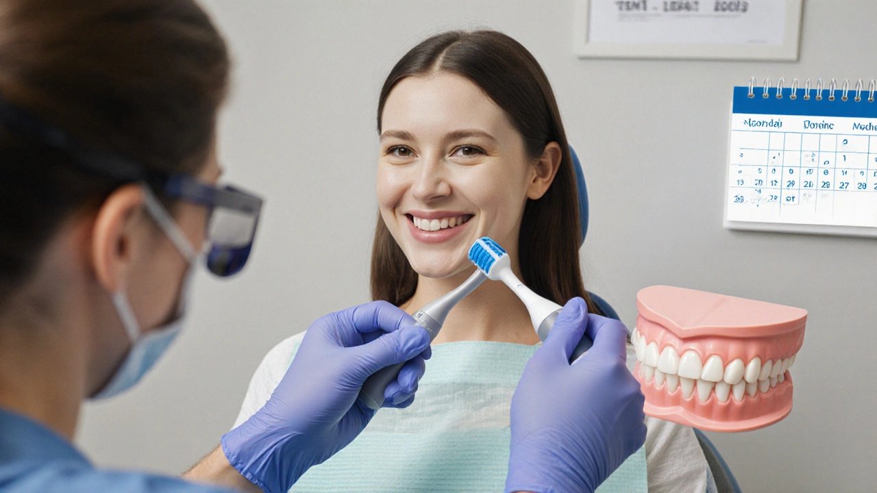 Pacient spolupracuje s zubařem při prevenci zubního kazu pomocí laserového detektoru.