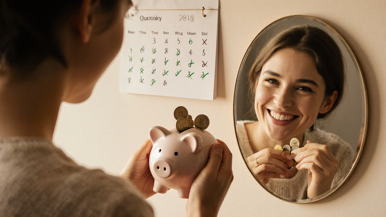 Person holding savings piggy bank while seeing their improved smile in a mirror.