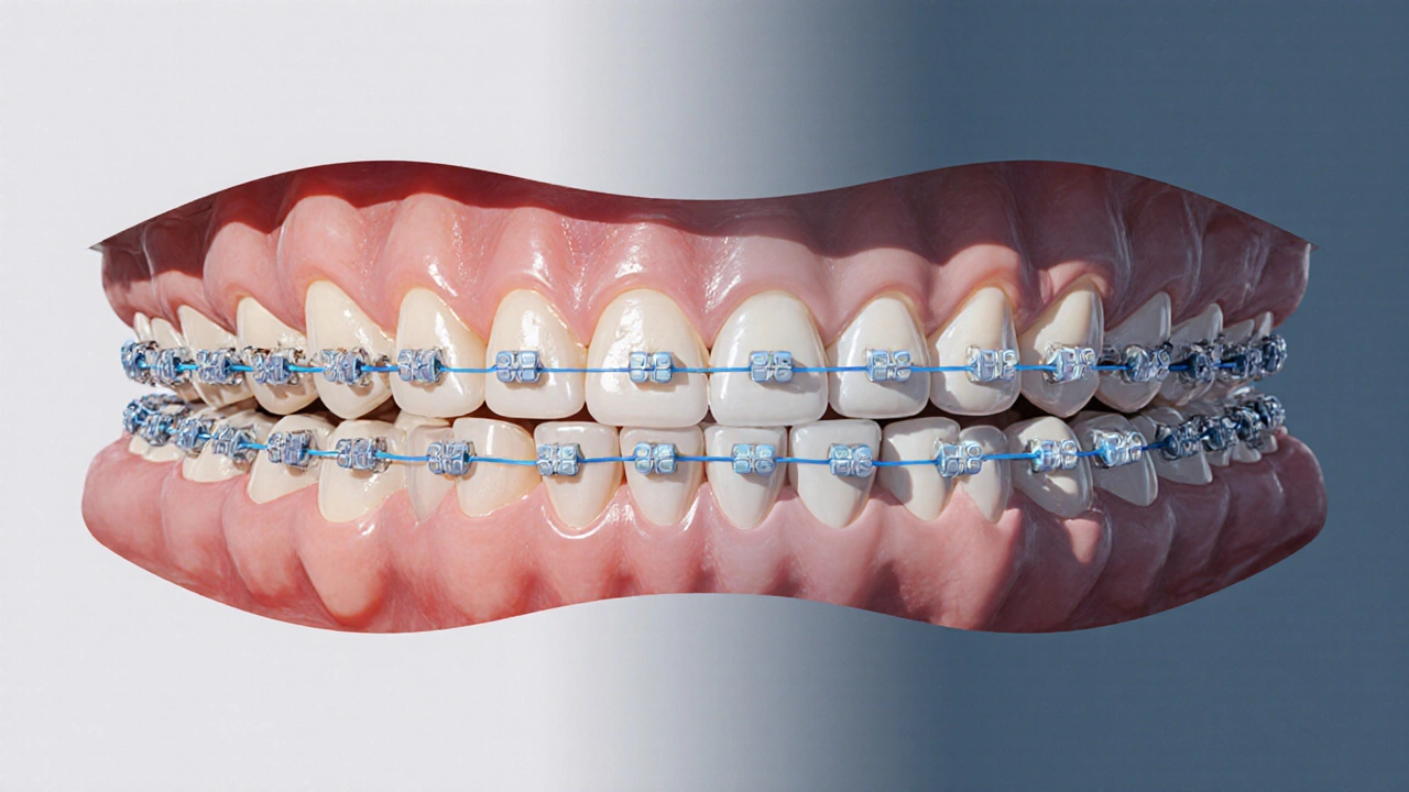 Porovnání před a po léčbě křížového skusu: špatně zarovnané zuby vlevo, správně zarovnané vpravo.
