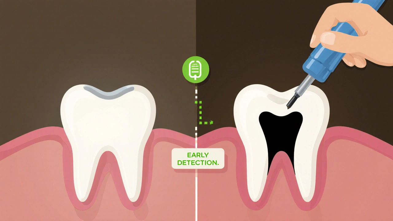 Porovnání zdravého zubu s těsněním a poškozeného zubu s kazem.