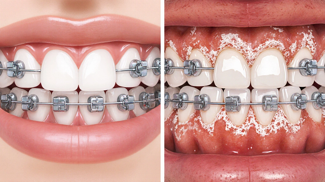 Porovnání zdravých a poškozených zubů během ortodontické léčby s viditelným plakem a bílými skvrnami.