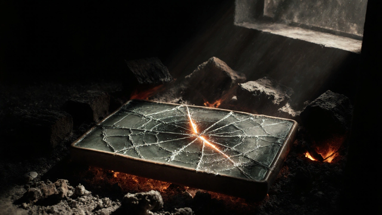 Poškozené keramické sklo s trhlinou a změnou barvy, zářící zbytky tepla a popel kolem.