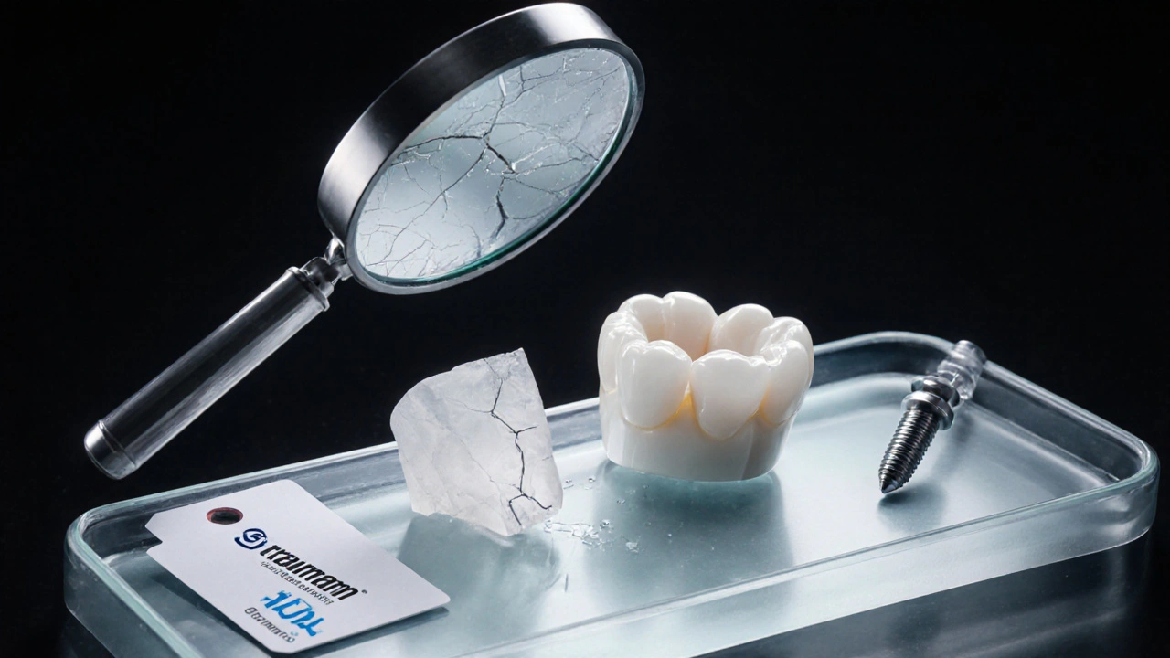 Poškozený zirkonový implantát vedle celistvého titanového s odstranitelnou korunkou na lékařském podnosu.