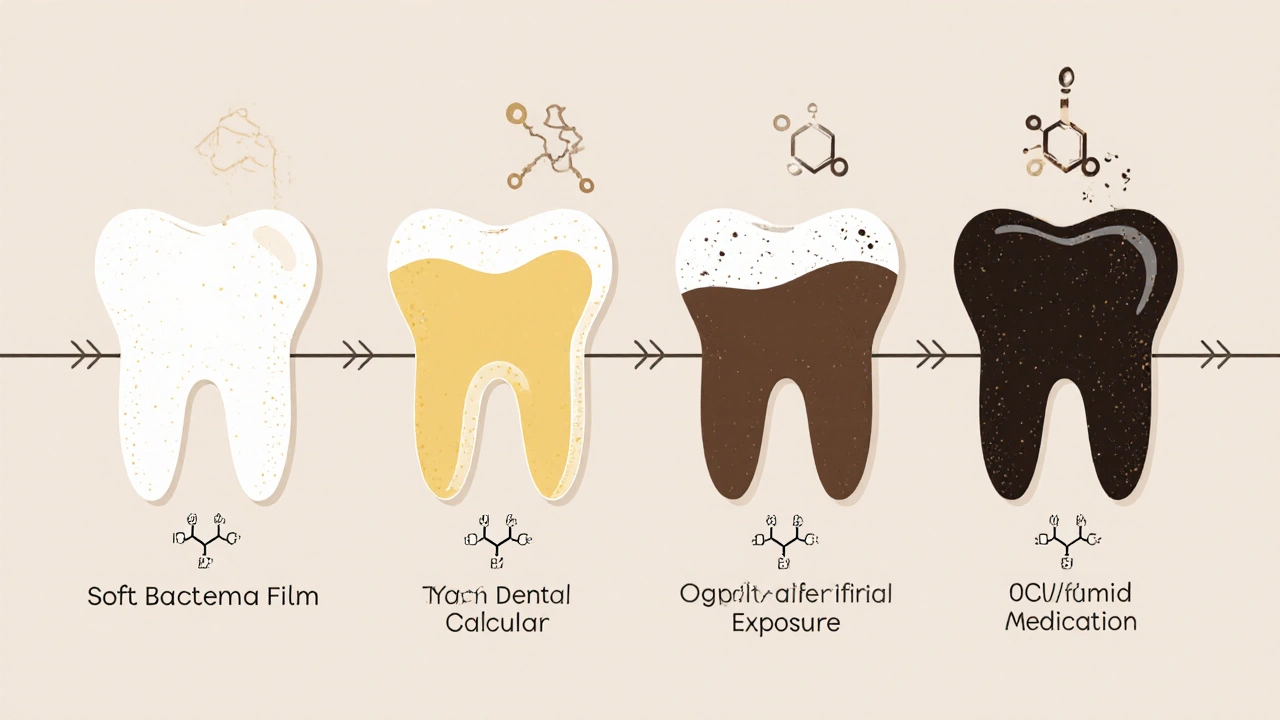 Postupný vývoj zubního plaku v černý kámen pod vlivem nápojů a léků