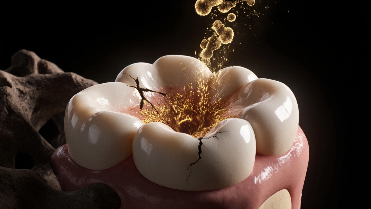 Prasklý zub s bakteriemi šířícími se do kosti čelisti.