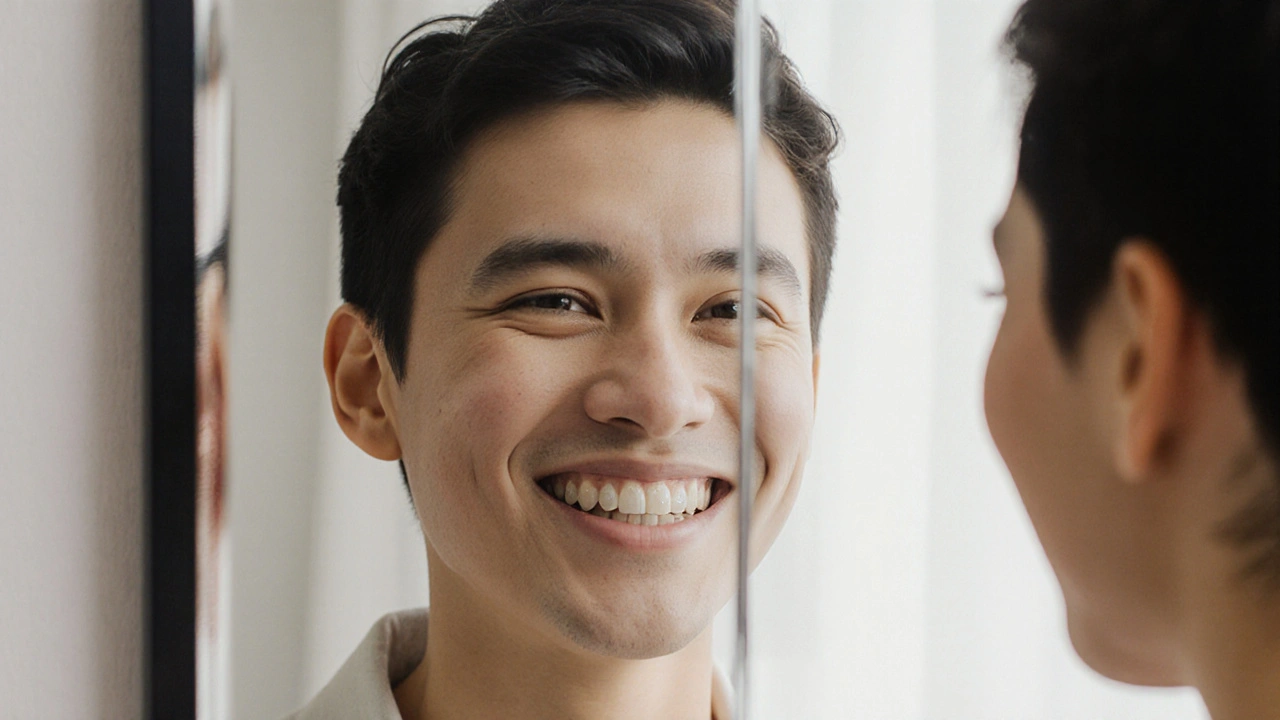 Před a po: stejná osoba s keramickými rovnátky před rokem a po roce, s odlišným výrazem tváře.