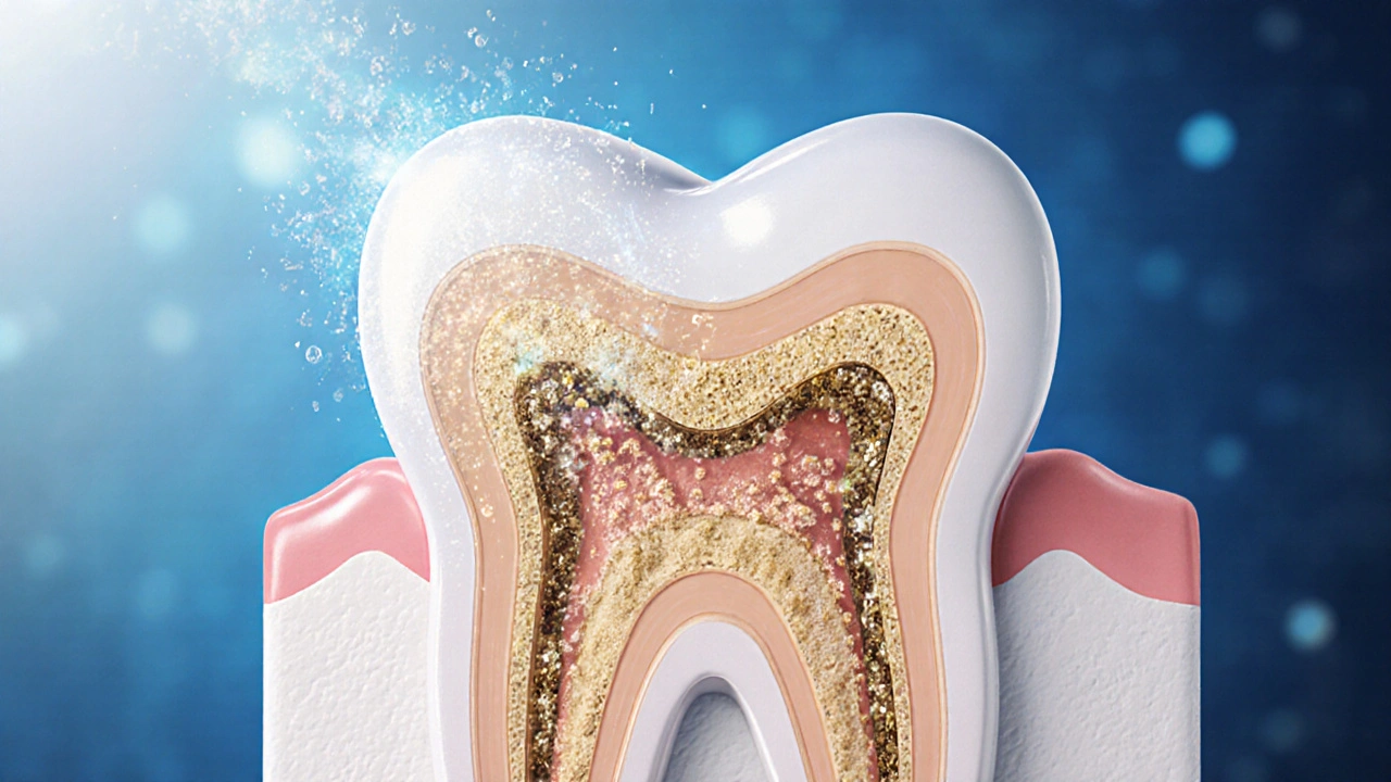Přehled vnitřní struktury zubu s obnovou emailu minerály ze slin po odstranění zubního kamene.