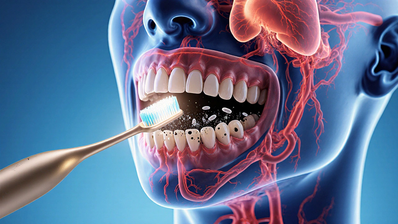 Průhledné tělo s cestami bakterií z úst do srdce, mozku a plic, sonický kartáček nad ústy.