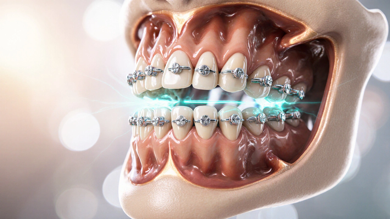Průřez čelisti s viditelným posunem horních zubů ven při léčbě křížového skusu pomocí rozšiřovacích šroubů.