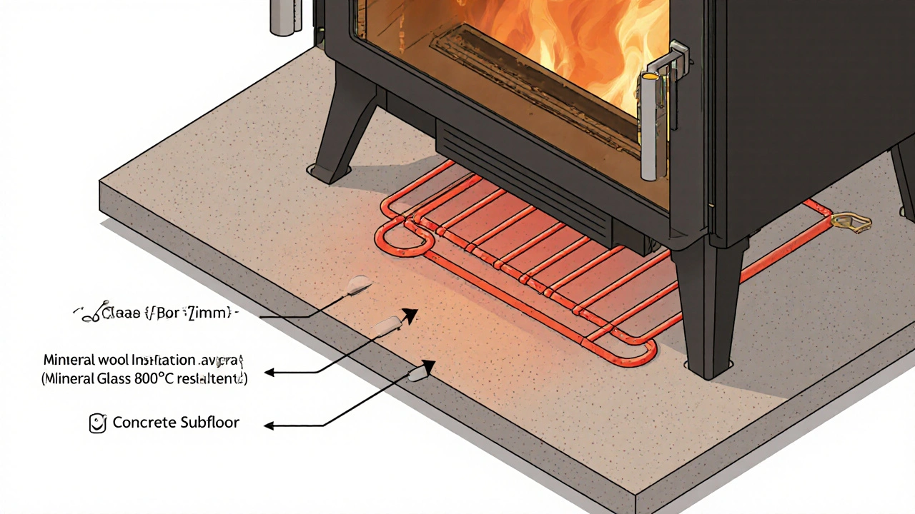 Průřez skla pod kamnem s tepelnou izolací nad podlahovým topením, znázorňující vrstvy materiálů.