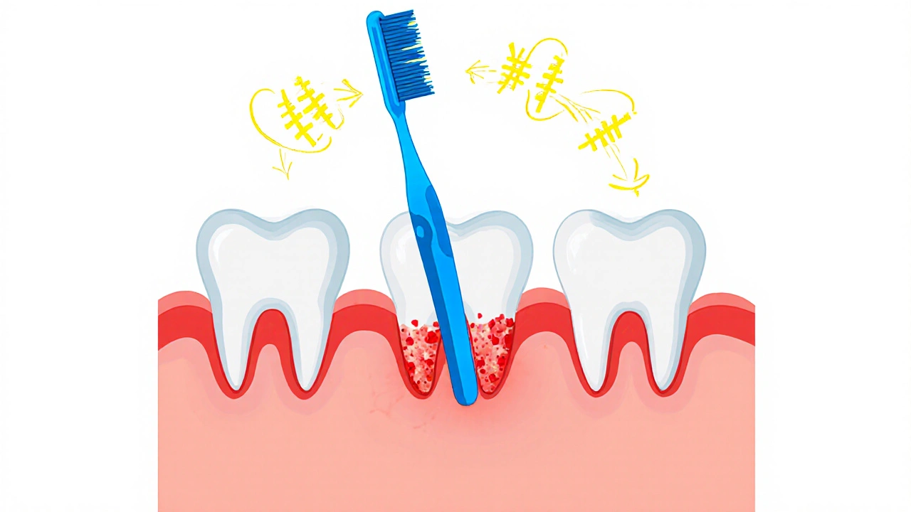 Průřez zubů a dásní s vlnami vibrací rozkládajícími plak mimo přímý kontakt štětce.
