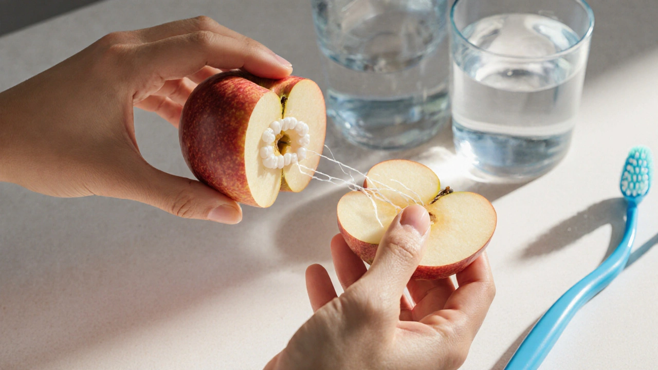 Ruka klade ortodontský vosk na rovnátko, vedle ní nakrájené jablko a nápoje.