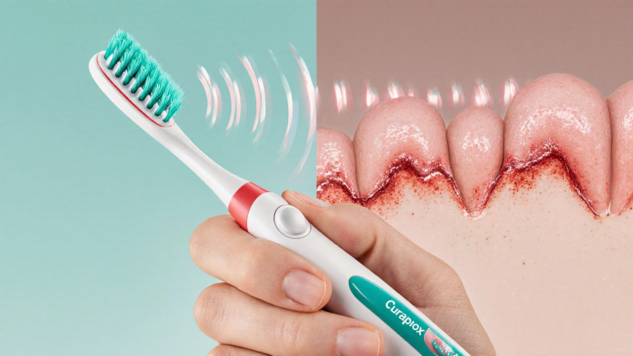 Rukojeť kartáčku Curaprox s barvou, která se pomalu vymaže, symbolizující čas čištění.