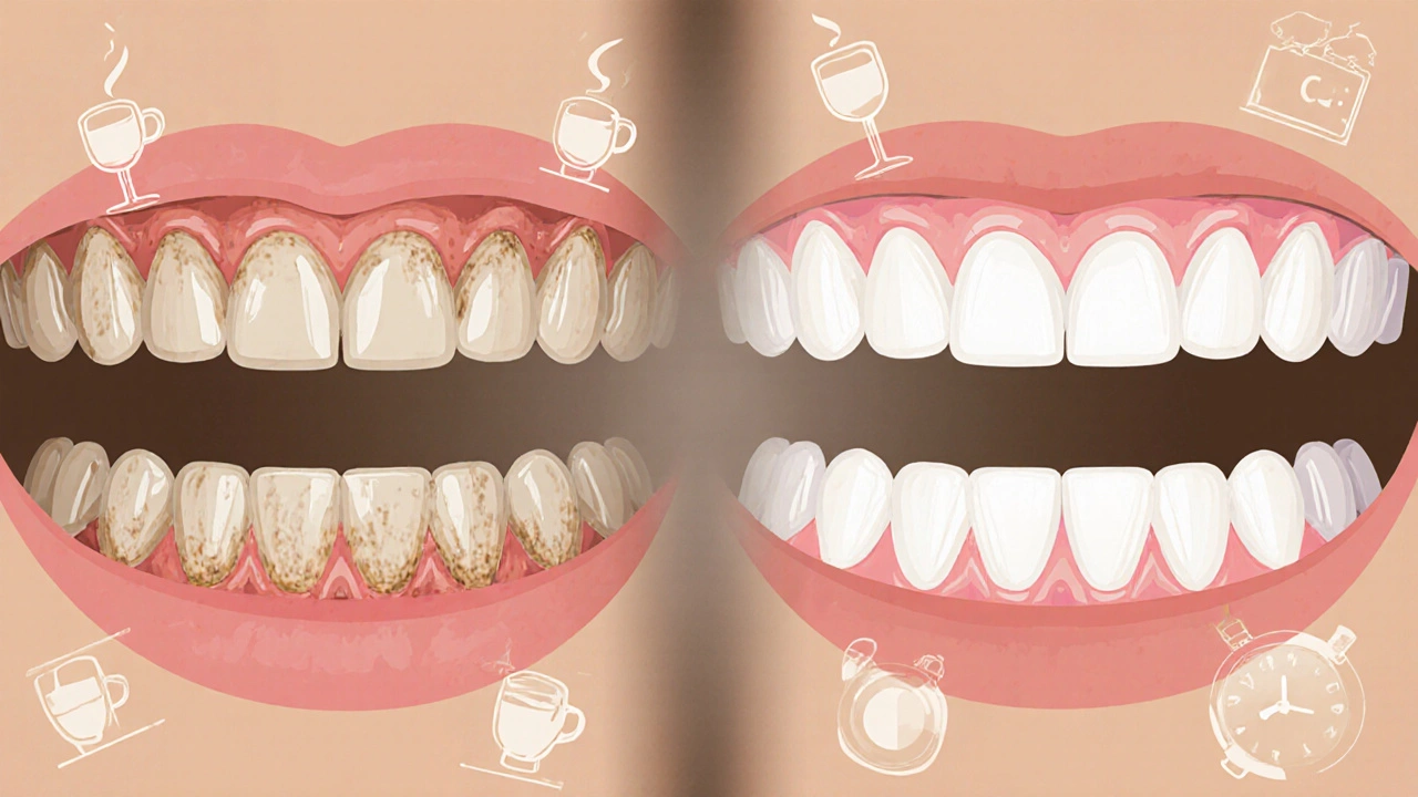 Side-by-side comparison of natural teeth and composite veneers with lifestyle icons.