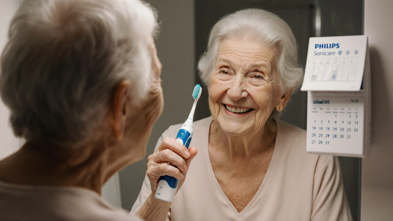 Stará žena se usmívá do zrcadla, drží sonický kartáček, na pozadí viditelné nahrazené štětce.