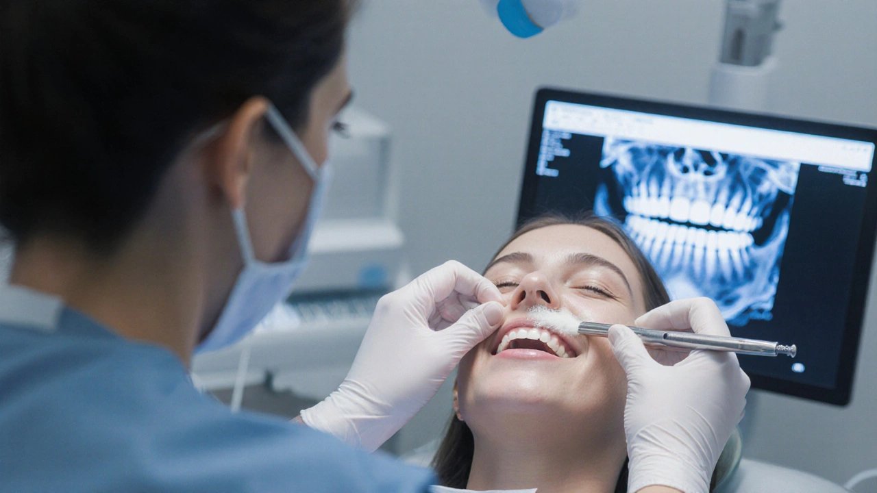 Stomatolog připevňuje tenké keramické fazety na přední zuby pacienta.