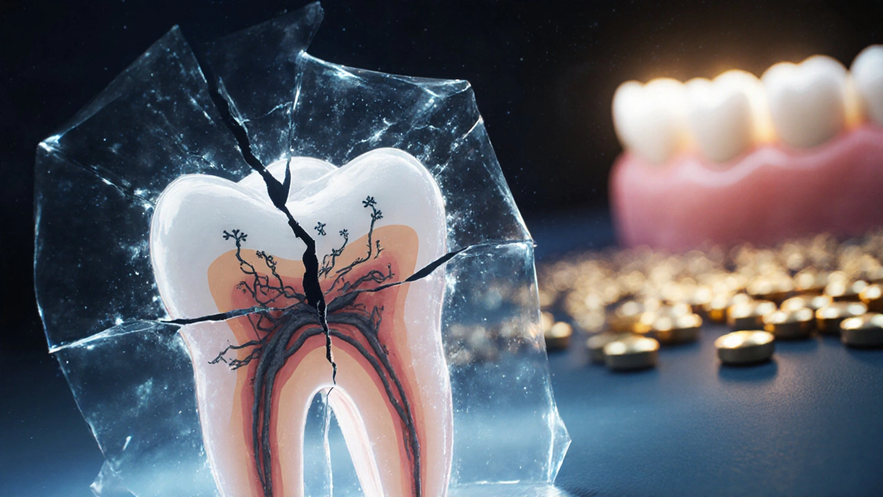 Surreální obraz prasklého zubu s bakteriemi a ochrannou korunkou v pozadí.