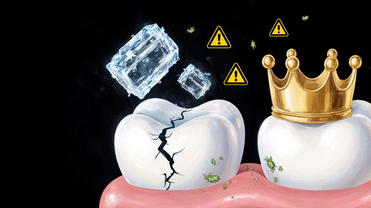 Symbolický obraz korunky jako přilby, kterou poškozují kousání a bakterie